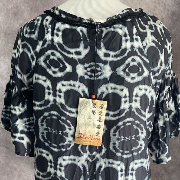 NWT Da-Nang Black & White Tie Dye Embroidered Silk Blouse - Picture 9 of 12